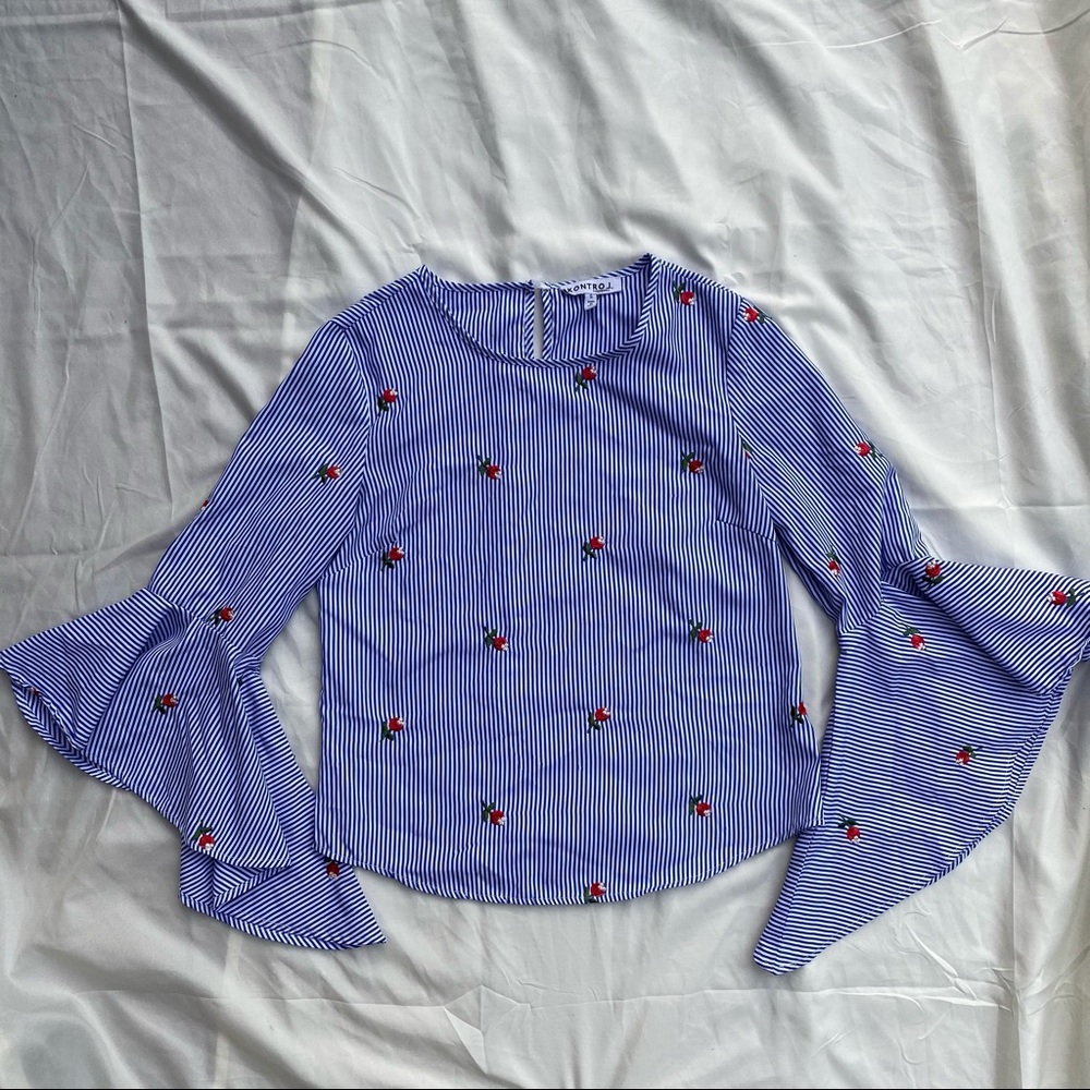 Kontrol Rose Embroidered Striped Bell Sleeve Top - Size L